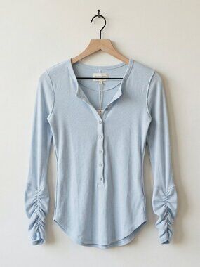 We The Free by Free People Blue Ruched Sleeve Henley Top Size Small